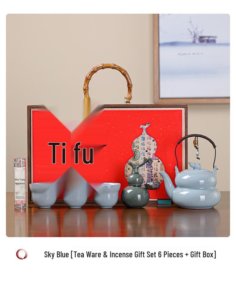 Fu Lu Ceramic Tea Set: Kung Fu Style Chinese Tea Brewing Gift Box for Incense Ceremony & Housewarming