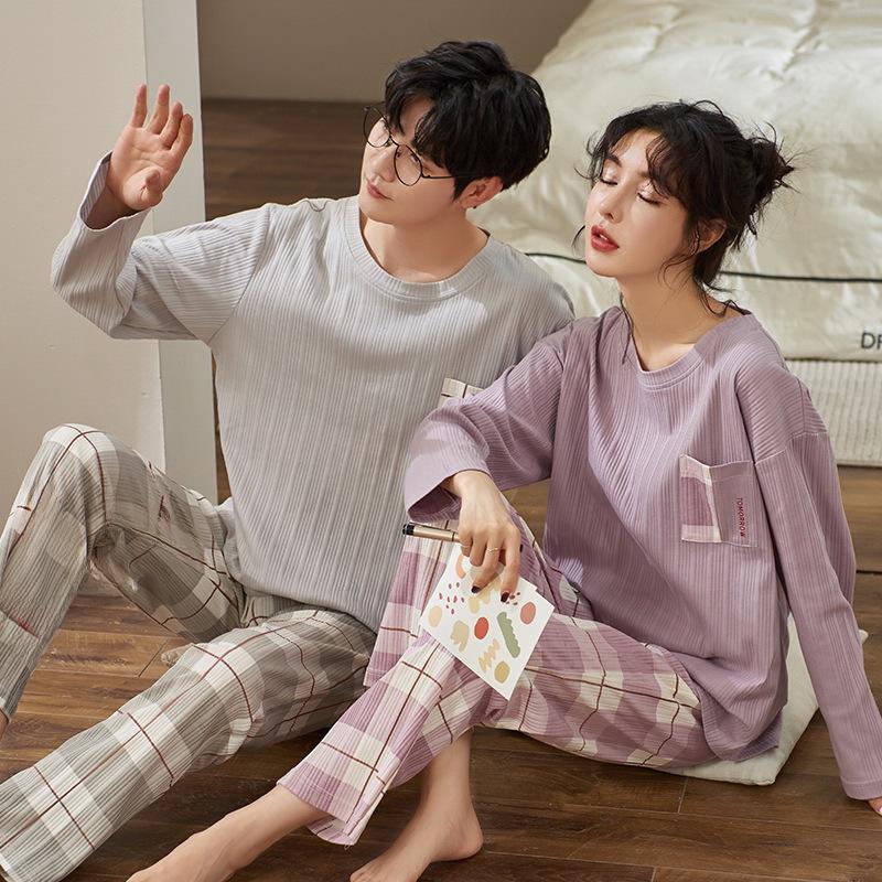 Korean Cartoon Couple Pajamas: Long Sleeve Cotton Sleepwear for Women and Men, Spring To Winter