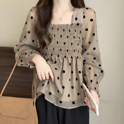 French Style Polka Dot Printed Blouse Spring Autumn Long Sleeve Female Clothing Chic Shirring Slim Vintage Square Collar Shirt