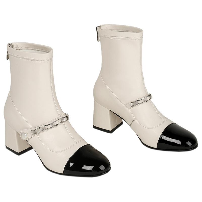 Zapatos de Otoño para Mujer Botines Cortos de Cuero Marca de Lujo Tacón Cuadrado Zapatos de Salón de Punta Señora Moda 2024 Botines al Tobillo con Cremallera Trasera