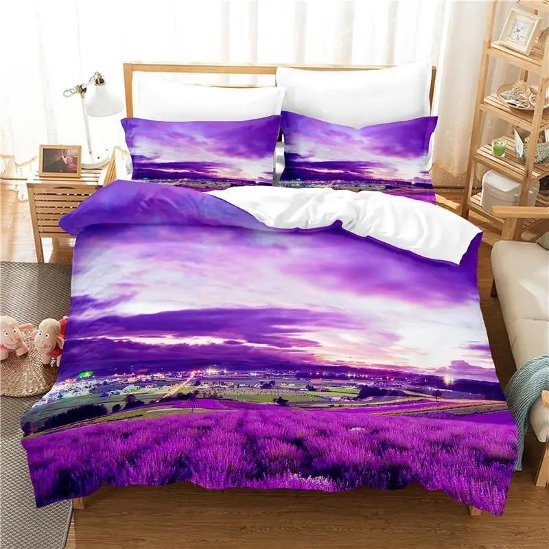 Lavender Duvet Cover Set King Size Purple Flower Romantic and Beautiful Bedding Set for Girls Women 2/3pcs Polyester Quilt Cover