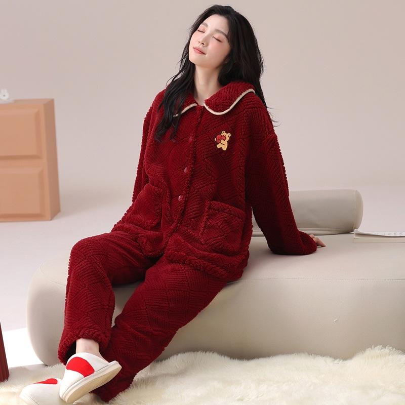 Couple Pajamas Women'S Autumn And Winter Coral Fleece Birth Year New Wedding Festive Big Red Men'S Loungewear Suit