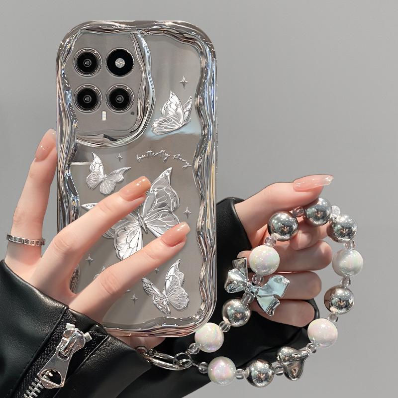 Suitable for Xiaomi 14/13pro Mobile Phone Case Redmi K70/60/50 Feather Yarn Butterfly Chain 12/11 Silver Plated Women