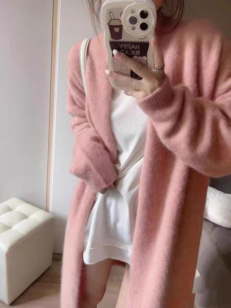 YUNSHU Korean Style Loose Knit Cardigan - Women's Medium To Long Lazy Fit Sweater for Spring and Autumn