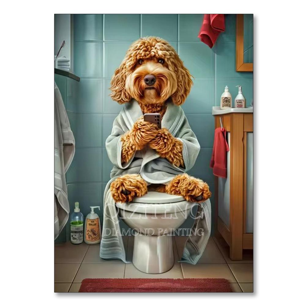 Dog Diamond Painting Cat Toilet Cartoon Diamond Mosaic Animal Full Round_Square Drill Embroidery Funny Bathroom Wall Decor Art