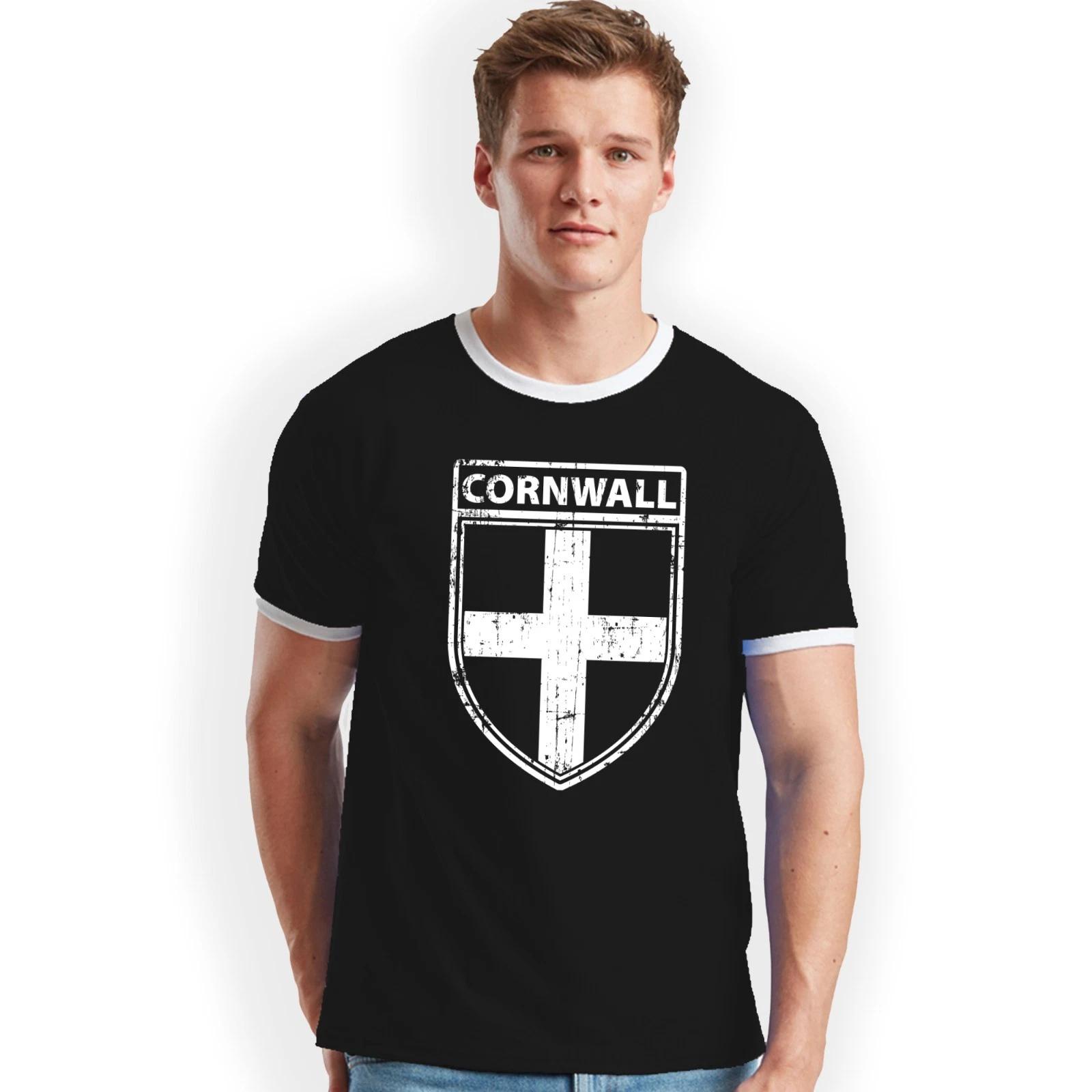Cornwall Shield Print St Piran Cross Flag Ringer T-shirt Birthday Gift 2XL