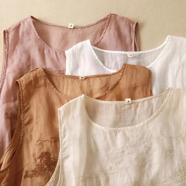 Women's Summer Chinese Vintage Cotton-Linen Embroidered Tank Top Solid Color Comfortable Loose-Fit Round Neck Sleeveless Top