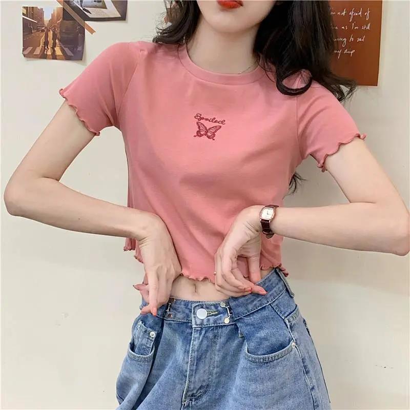Womon Butterfly Výšivka Tričko s výstřihem do O Krátký rukáv Topy Módní Dámské High Street Crop Top Letní Cloth