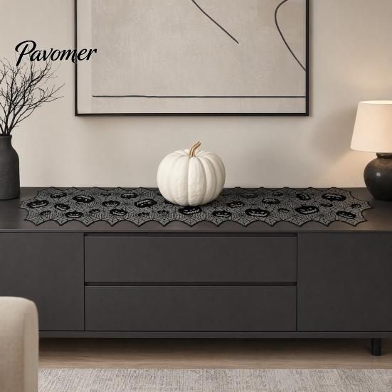 Halloween Centerpiece Runner Table Runner, 70 X 15 Inch Black Lace Spider Web Dark Spooky Gothic Pumpkin Dinner Decoration for Kitchen Decor,