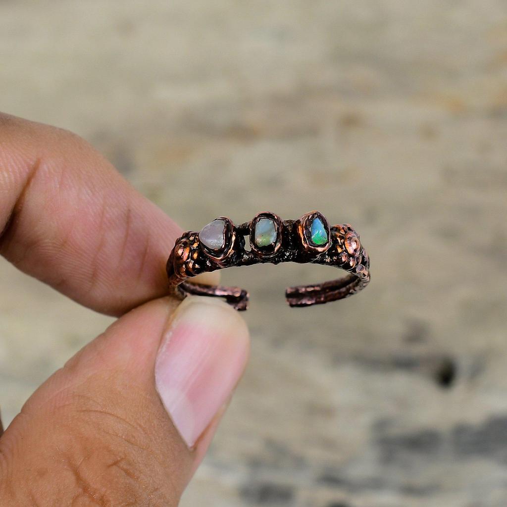 Ethiopian Opal Ring Electroformed Copper Ring Adjustable Ring Handmade Copper Jewelry Real Gemstone Ring Gifts For Him Electroformed Jewelry