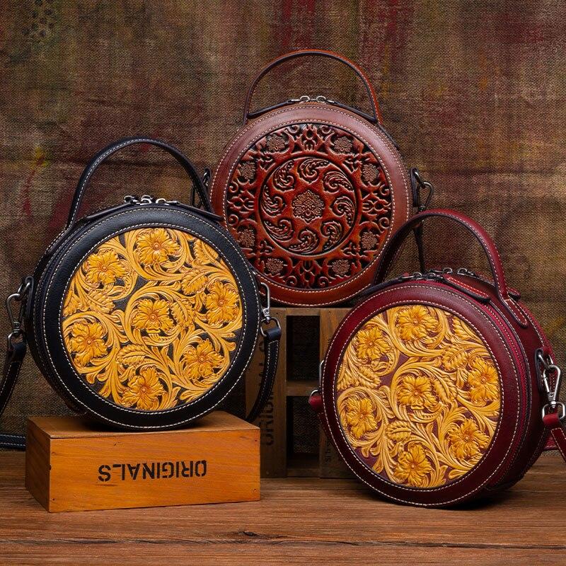 

Johnature винтажная круглая маленькая женская сумка из натуральной кожи, сумки на плечо из натуральной кожи ручной работы с резьбой, сумки на плечо для отдыха