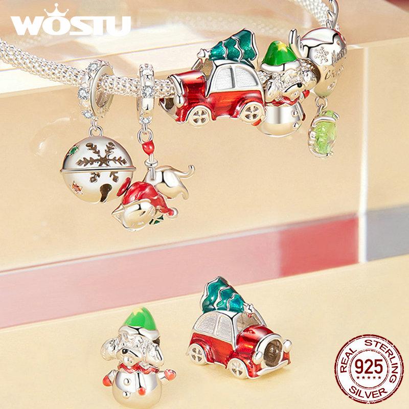 WOSTU 925 Silver Christmas Tree Car Beads Elk Snowflake Charm Snowman Puppy Cat Pendant Fit DIY Bracelet Necklace Cute Xmas Gift