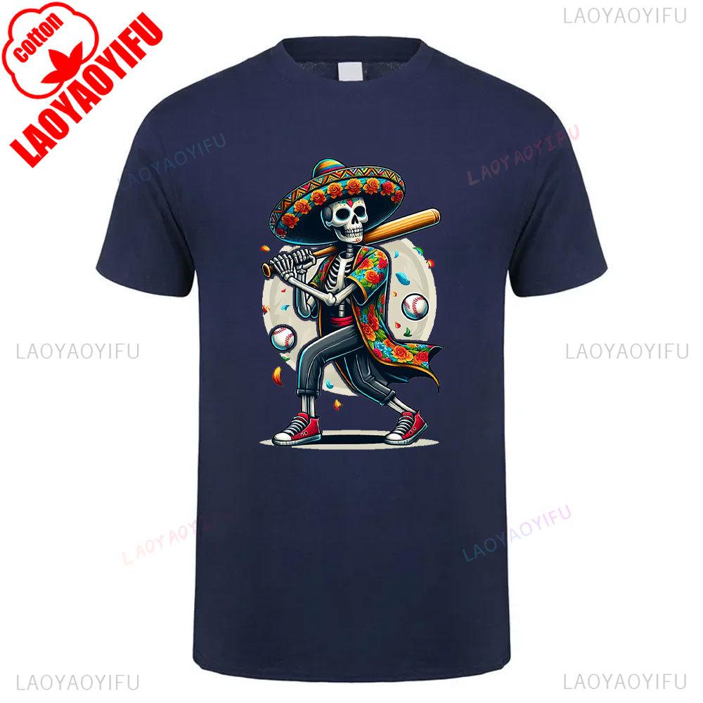 Cotton Summer Short Sleeve Mexican Skull Unisex Tee Round Neck Breathable Vintage Pattern Graphic Shortsleeved Launched Top