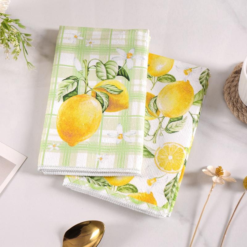 2pcs Yellow Lemon Kitchen Towels Spring Summer Fruit Reusable Hand Towels Flowers Home Dish Towels for Kitchen Bathroom Decor
