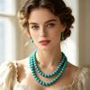 Bohemian Turquoise Beaded Necklace, Long Double-Strand Statement Jewelry,Vintage Turquoise Round Bead Necklace, Multi-Layer Boho Long Strand for Women