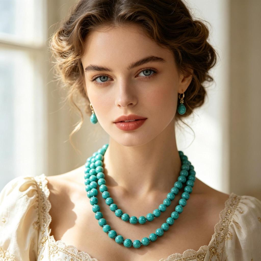 Bohemian Turquoise Beaded Necklace, Long Double-Strand Statement Jewelry,Vintage Turquoise Round Bead Necklace, Multi-Layer Boho Long Strand for Women