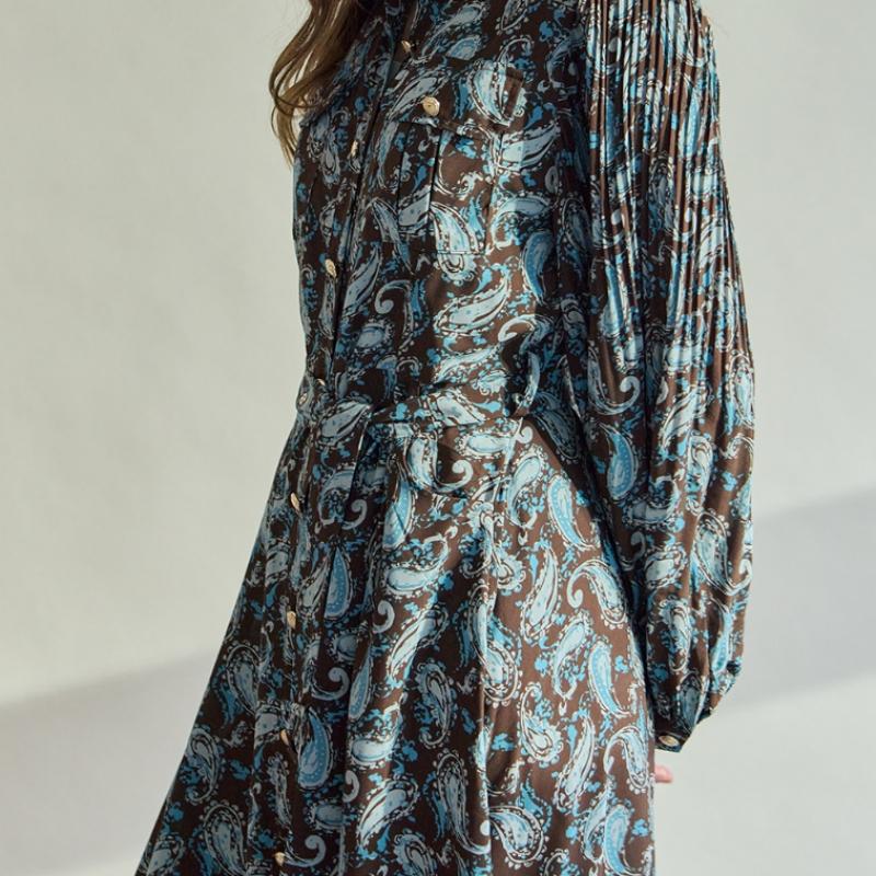 Maxza Paisley Pleats Balloon Sleeve Long Dress