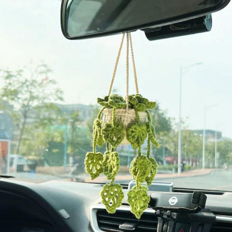 Hand Woven Plant Baskets Car Decor Yarn Hooks Woven Plants Potted Plants Car Pendants Cute Car Interiors Kawaii Room Decoration
