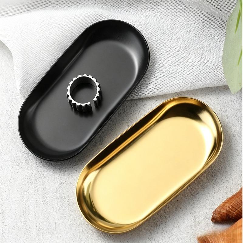10pcs Mini Decorative Trays Stainless Steel with Golden Oval Pattern for Jewelry Display Bathroom Vanity Placing Holding Candles