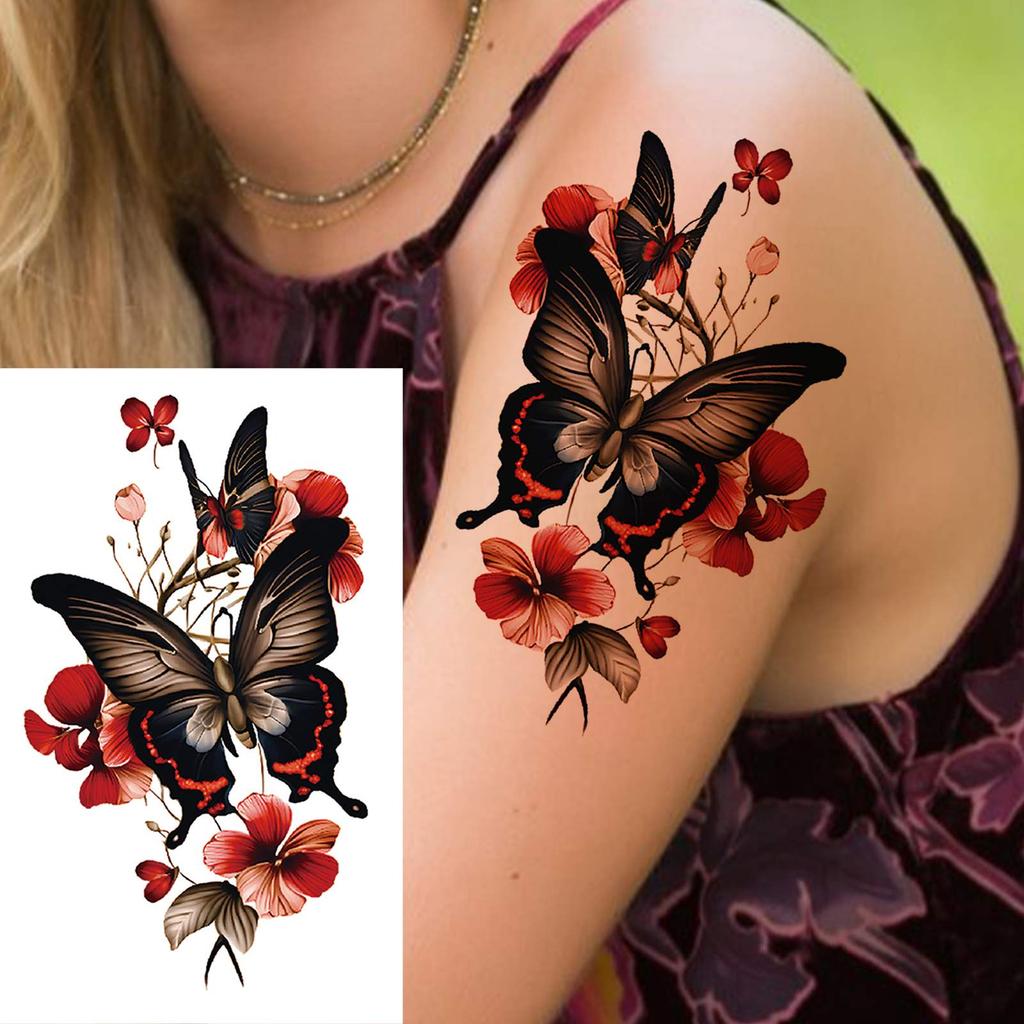 1 Sheet Sexy Butterfly Plum Rose Temporary Tattoos For Women Girls Watercolor Fake Flower Tattoo Sleeve Waterproof Decoration