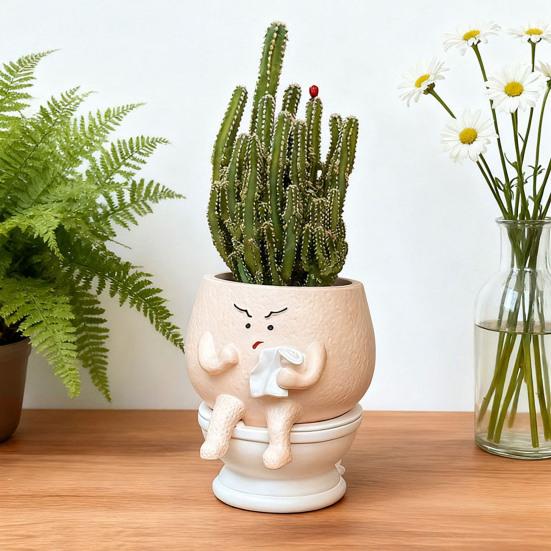 Funny Face Toilet Planter with Drainage Hole for Indoor Plants Cute Face Head Flower Pot for Home Office Balcony Garden