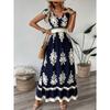 Women Print Maxi Dress V Neck  Sleeve Elastic Waist Casual  Bohemian Summer Beach Dresses