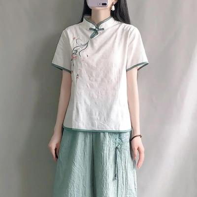 Giacca da tè estiva da donna a maniche corte con colletto alla coreana, camicia con bottoni