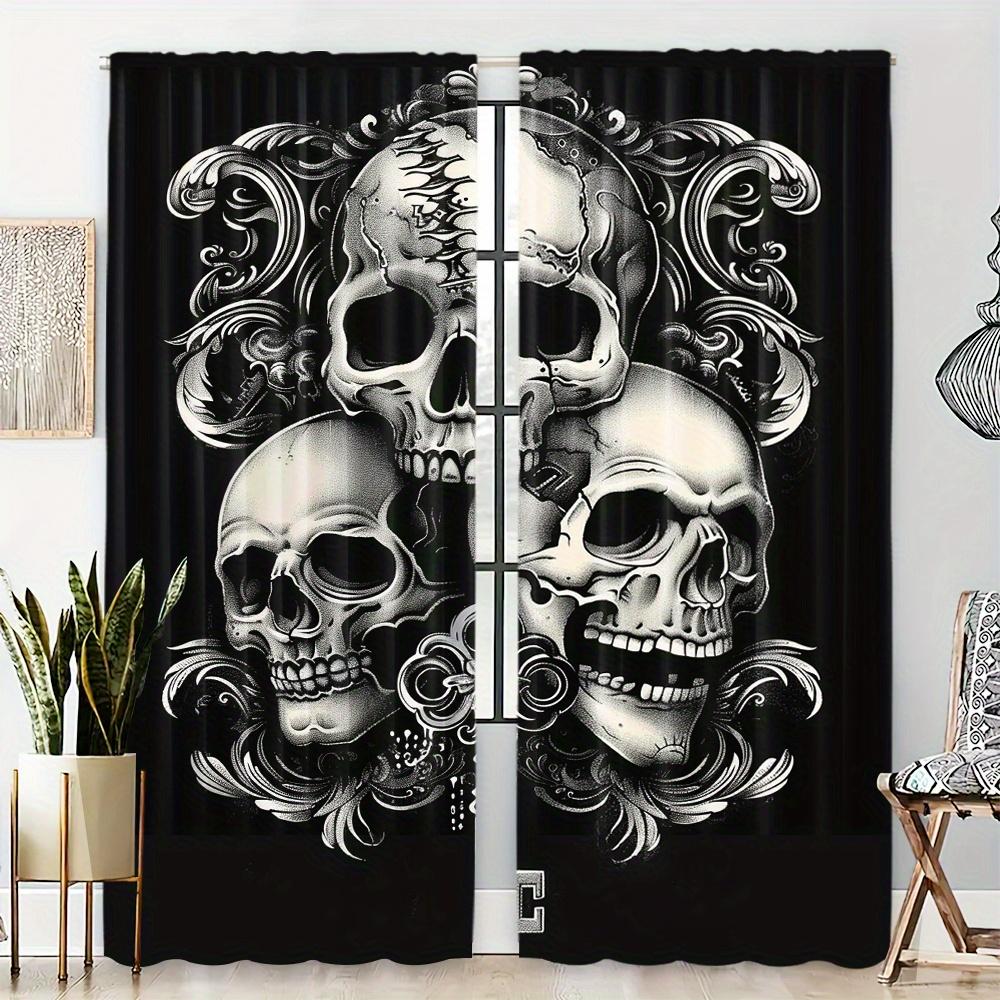 2pcs Halloween Red Rose Gothic Skeleton Rod Pocket Curtain For Living Room Bedroom Office Child Room Decor Study Coffee Shop