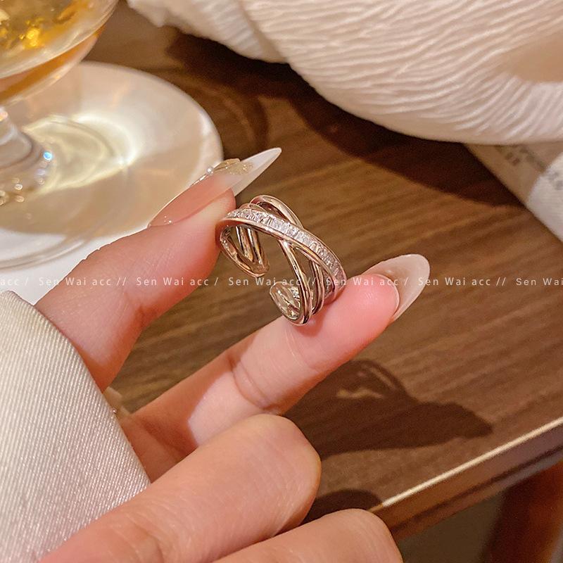 Multi-layer micro-inlaid zircon cross ring, women s super flash index finger ring, personalized hand. Adjustable opening