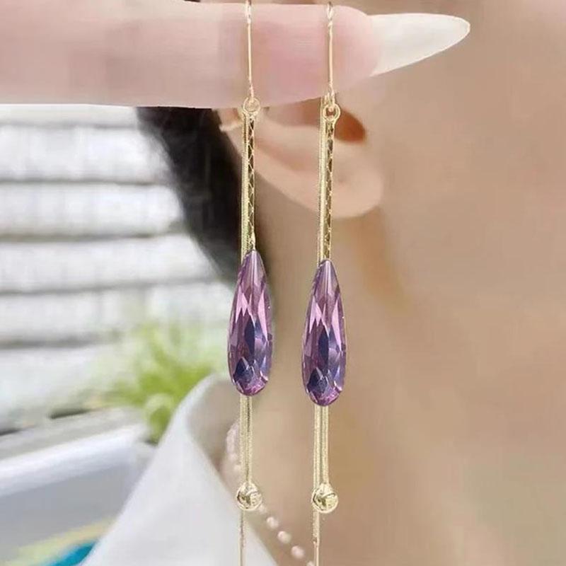 Temperament Green Purple Zircon Earrings Dangle For Women Gold Color Long Tassel Earring Party Wedding Ear Jewelry Girls Gifts