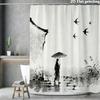 Ink Wash Shower Curtain 1Pc Polyester 2D Flat Print 70.8X70.8" Black White Silhouette Umbrella Swallows Grommet Top