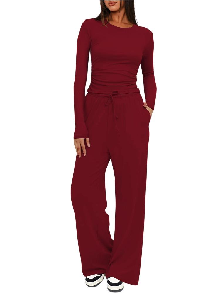 Solid Color Casual Long Sleeve Set Top High Waisted Wide Leg Pants Sportswear
