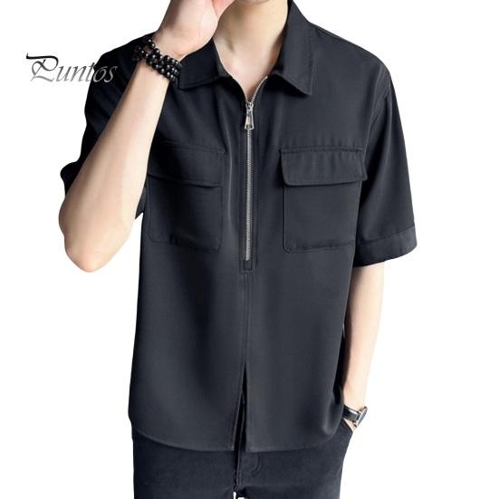 

Мужская летняя рубашка-карго с половиной молнией и разделенным краем нагрудных карманов с коротким рукавом и отложным воротником, свободный однотонный пуловер, уличная одежда, мужской повседневный топ 2XL чёрный