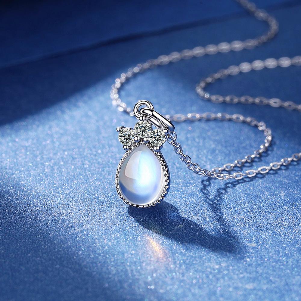 Exquisite 925 Sterling Silver Teardrop Moonstone Necklace for Women - Creative Design Clavicle Chain