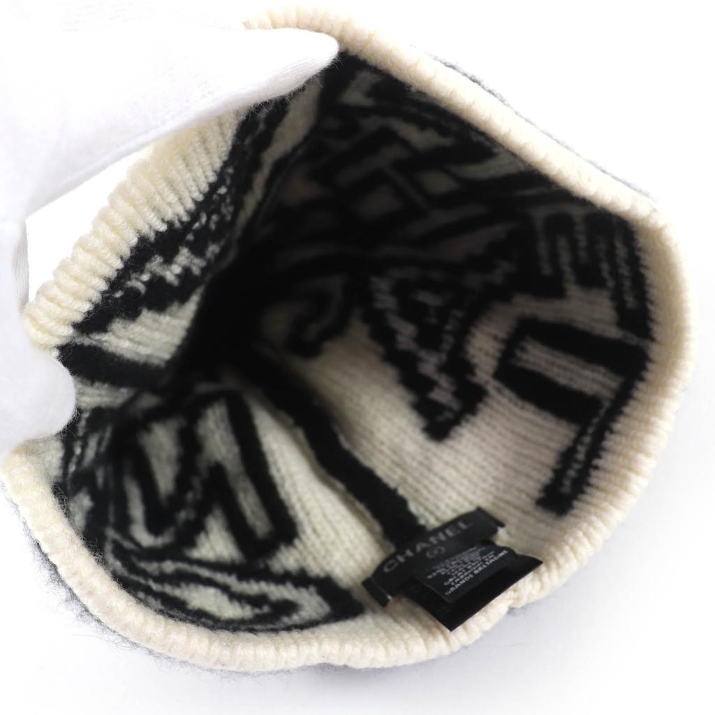 Great CHANEL Knit cap Silk blend all-over logo design beanie Black cashmere 21K Used