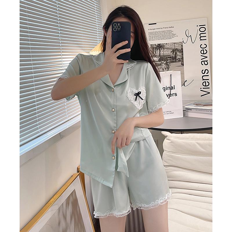 Youth Vitality Pattern Pajamas Women'S Summer Thin Side-Sleeved Lace Short-Sleeved Loungewear Two-Piece Set
