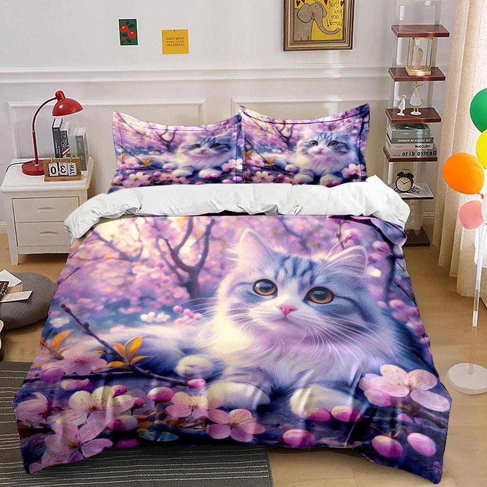 Peach Tree Cat with Pink Blossoms Print Soft Comfortable Duvet Cover Bedding Set Included 1*Duvet Cover 2*Pillowcases