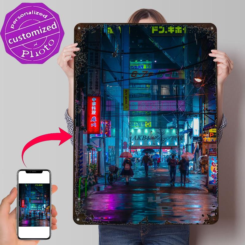 Akihabara By Night Personalized D Textured Metal Poster Wall Art Vintage Tin Signs for Bar Accessories Home Decor Ornaments