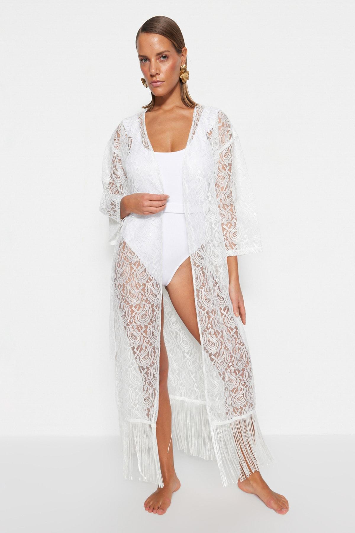 

Женская мода, новое кимоно и кафтан, белое макси-кимоно с вязаным поясом и кисточками, кафтан