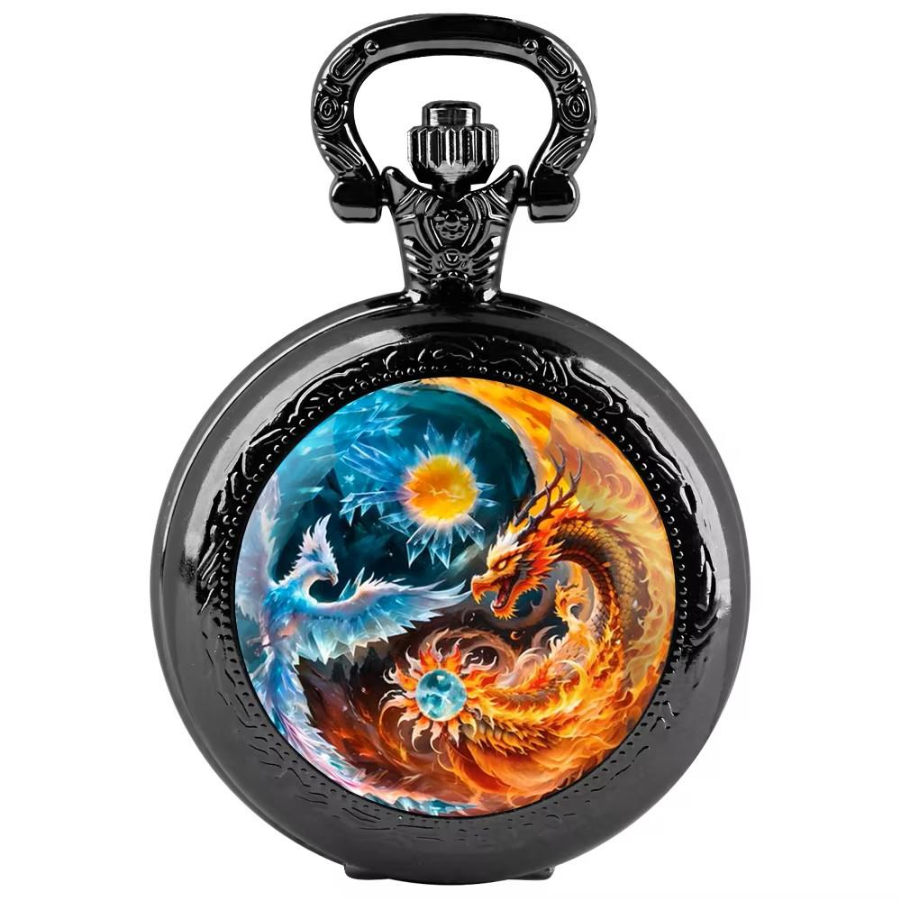 Vintage Retro Antique Dragon Phoenix Chinese Yin Yang Quartz Unisex Men Women Pocket Watch Quartz Necklace Pendant Clock Chain Classic Dial Gift