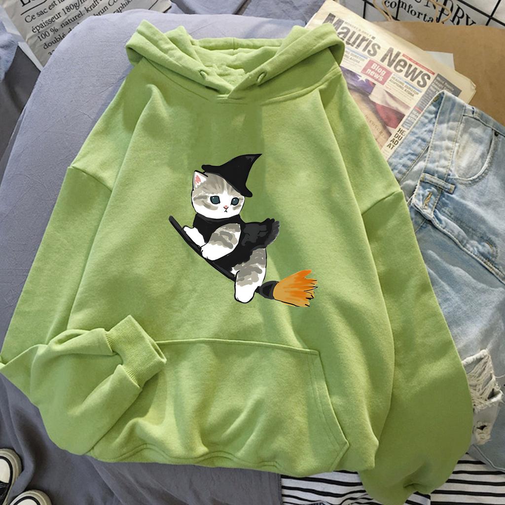 European and American Autumn and Winter Witch Cat Print Hoodie Sweatshirt for Men and Women, Korean Style Casual Tops for Couples