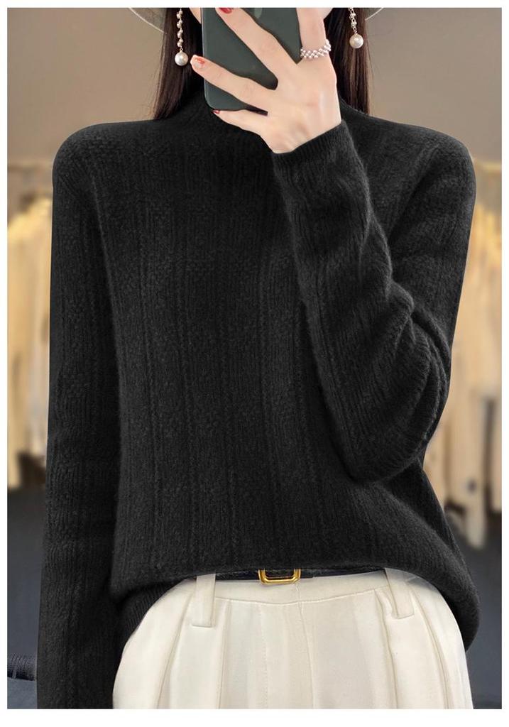 Autumn/Winter Women's High-Quality Jacquard Wool Seamless Knit Sweater - Half-High Collar, Solid Color Fashion Top