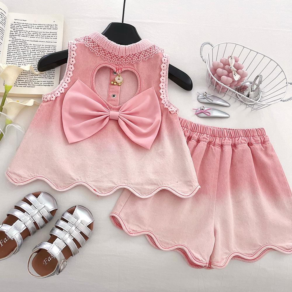Girls' Summer Denim Lace Sleeveless Jacket & Shorts Set 2025