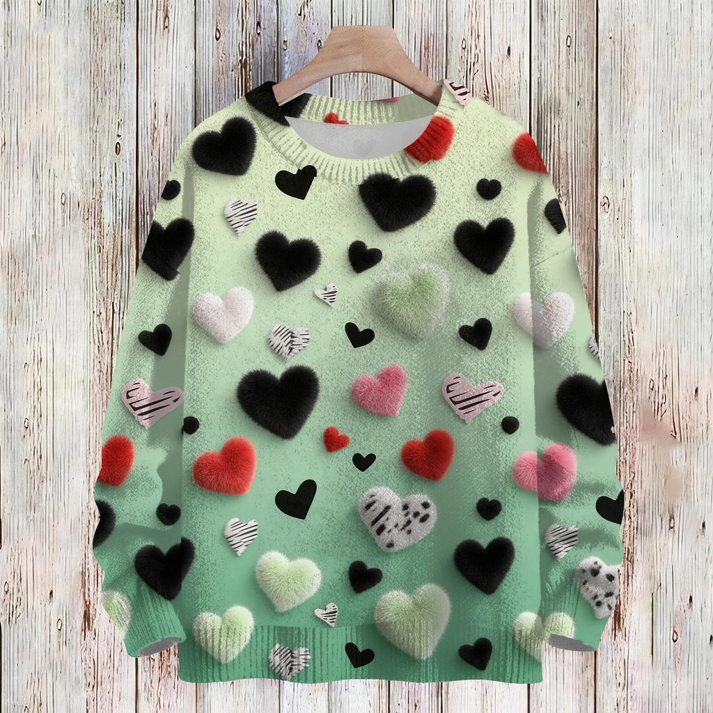 Women's Fashion Casual Long,Sleeve Valentine's Day Round,Neck Knit Pullover Top