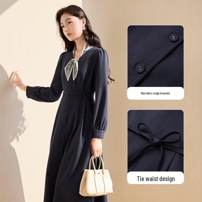 Xiangying V-Neck Navy A-Line Midi Dress