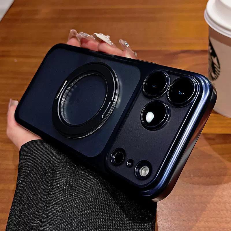 Compatible iPhone 17 Magnetic 360° Rotating Stand Frosted Transparent Full Coverage Hard Case 14 Pro Max темно-синий