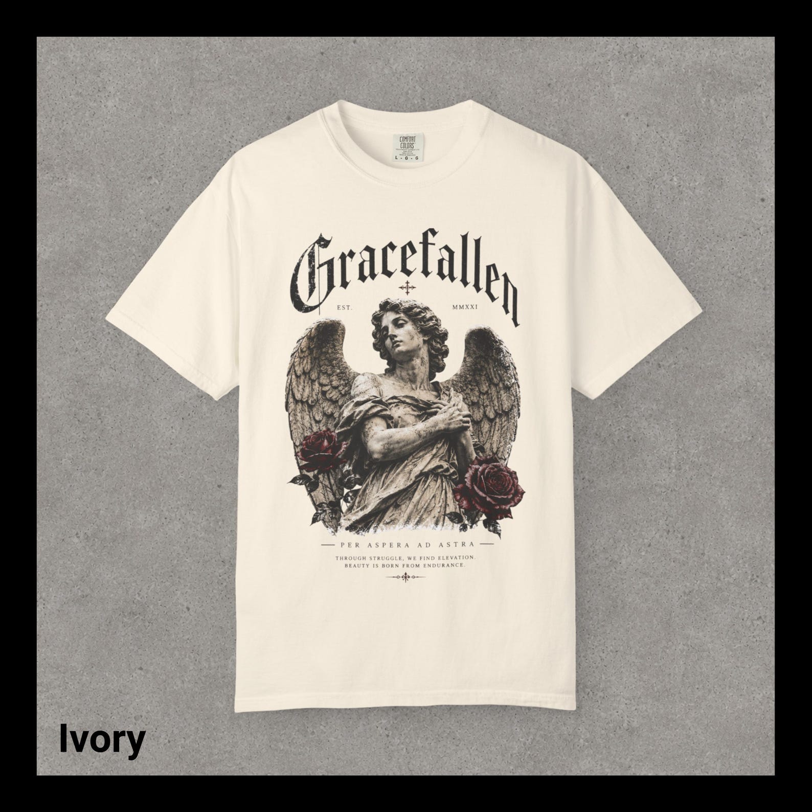 Gracefallen Angel Illustration T-Shirt | Gothic Statue, Roses, Vintage Script S