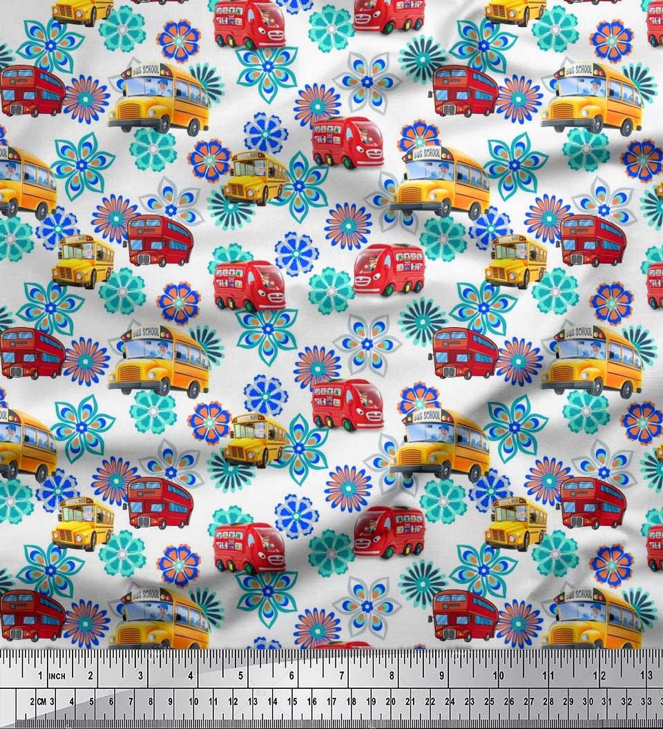 

Тканина Soimoi Japan Crepe Satin Artistic Floral & School Bus Kids Print Швейна тканина метр 42 дюйма 42 Inch Wide - Poly Crepe білий