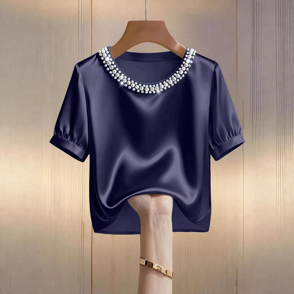 Damen Rundhals Perlenbestickt Puff Kurzarm Einfarbig Satin Lockerer Schnitt Elegant Büro Freizeit Bluse Top