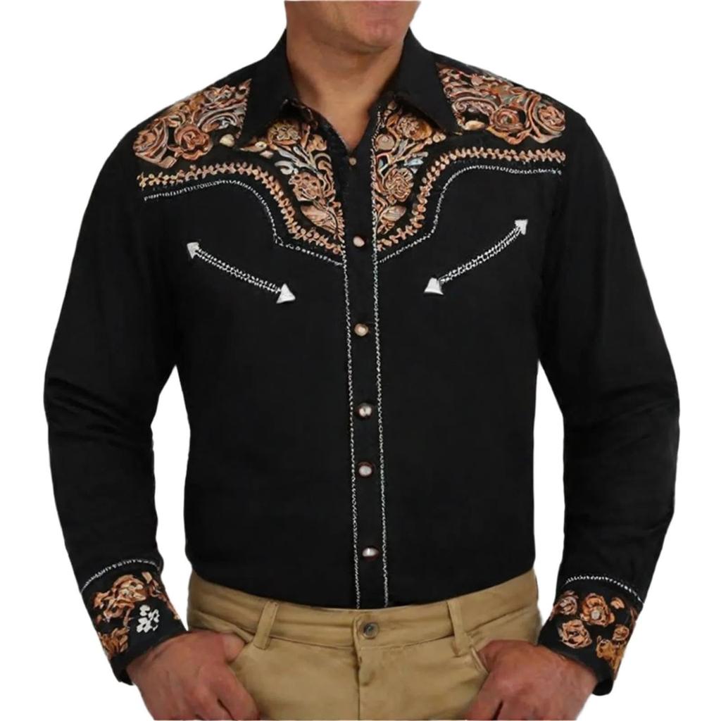 Men's Western Shirt Long Sleeve Embroidered Vintage Party Top with Decorative Pattern Fit Costume